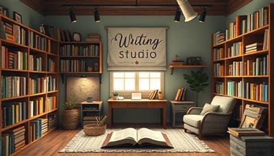 An inspiring virtual writing studio adorned with bookshelves, writing tools, and cozy reading nooks, creating a welcoming and creative space for writers to hone their craft and explore new storytelling techniques.