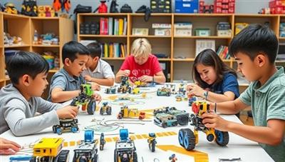 A dynamic robotics workshop setting with children building and programming robots, engaging in tech challenges, and collaborating on creative projects, surrounded by colorful robotics kits and coding tools, fostering a fun and educational environment for young learners in technology and innovation.