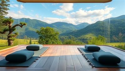A serene virtual retreat setting with tranquil nature scenes, yoga mats, meditation cushions, and relaxing music playing in the background, creating a peaceful and harmonious ambiance for wellness activities.