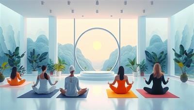 A serene digital illustration of a virtual wellness retreat space with calming nature sounds, soothing colors, and diverse individuals practicing yoga and meditation, symbolizing relaxation, mindfulness, and holistic well-being in a virtual setting.