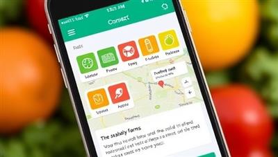 A smartphone screen displaying the FarmLink Connect app interface, with colorful icons for produce categories, a map showing nearby farms, and testimonials from satisfied users, conveying convenience and transparency in food sourcing.