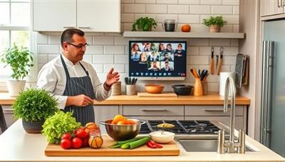 An inviting kitchen setup with a chef conducting an online cooking class, showcasing fresh ingredients, cooking utensils, and a computer screen displaying the live video session with participants cooking alongside, creating a dynamic and interactive culinary experience.