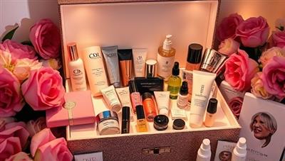 An elegant and stylish beauty box overflowing with luxurious skincare and makeup products, surrounded by fresh flowers and soft lighting, evoking a sense of beauty and indulgence.