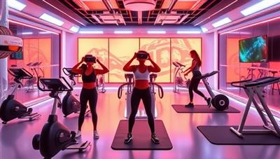 An immersive virtual reality fitness studio setting featuring a variety of workout environments, interactive fitness equipment, and virtual trainers leading engaging workout sessions, inspiring users to stay active and healthy through virtual fitness experiences in a futuristic setting.