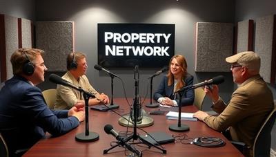 An artistic representation of a podcast studio setup with microphones, soundproofing panels, and hosts recording engaging real estate discussions, capturing the dynamic and interactive nature of the PropertyPod Network podcasts.