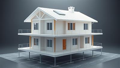 An impressive 3D rendering of a modular home being constructed layer by layer using 3D printing technology, showcasing the futuristic and efficient construction process of ModuPrint Homes with precision and innovation.