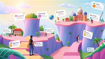 A vibrant digital illustration of a user navigating through different language learning levels in a virtual world, with interactive games, challenges, and language practice scenarios, showcasing the dynamic and engaging nature of the platform.