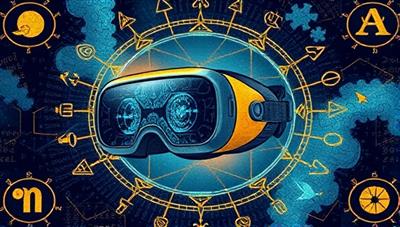 An illustration of a virtual reality headset surrounded by mystical symbols and puzzles, transporting the viewer into a digital realm filled with adventure and mystery.