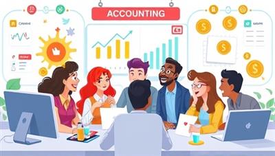 An animated depiction of diverse characters engaging in a virtual accounting challenge, surrounded by colorful graphs, coins, and badges, illustrating a fun and educational gamified learning experience in accounting.