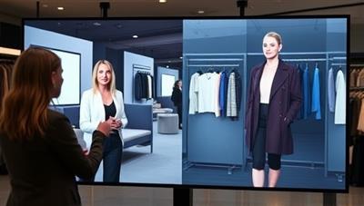 A digital screen split in half, showing a virtual stylist on one side giving advice and a client on the other side trying on different outfits virtually, creating an immersive and interactive fashion experience.