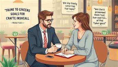 An illustration of a financial coach sitting with a client at a cozy coffee shop, discussing financial goals and strategies on a notepad, surrounded by motivational quotes and symbols of financial growth, conveying trust and personalized guidance in wealth management.