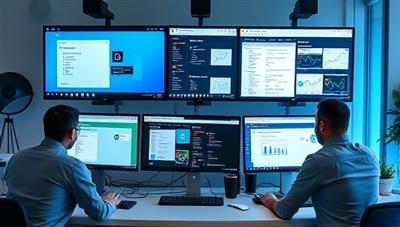 A virtual tech support team assisting insurance professionals remotely, with multiple screens displaying insurance software interfaces and a collaborative problem-solving atmosphere, highlighting InsurTech HelpDesk's efficiency and expertise.