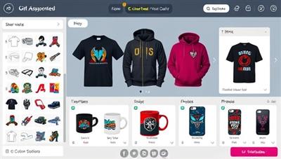 A virtual customization studio interface showcasing a variety of gaming merchandise items like t-shirts, hoodies, mugs, and phone cases, with a range of design options, colors, and graphics for users to personalize their gaming gear, highlighting the creative and customizable features of CustomCrafter Creations.