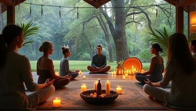 A serene virtual wellness retreat setting featuring a meditation instructor leading a group session in a peaceful natural environment, surrounded by candles, incense, and tranquil decor, evoking a sense of calmness and inner peace.