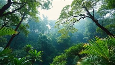 A captivating digital landscape showcasing a virtual eco-adventure tour through a lush rainforest, with interactive elements like wildlife sightings, tree canopy views, and conservation facts, immersing users in the wonders of nature through EcoExplore360's virtual tours.