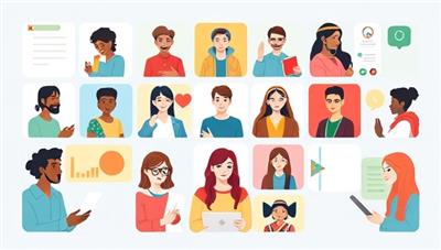 An engaging visual of users from different cultural backgrounds interacting on the LingoLink Virtual platform, participating in language lessons, cultural exchanges, and virtual language immersion experiences, illustrating the platform's diverse and interactive language learning environment.