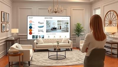 An elegant room rendering showcasing a virtual design consultation session, with a designer presenting color swatches, furniture layouts, and decor suggestions on a digital screen, creating a visually appealing and interactive design experience.