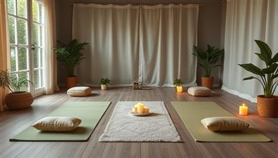 An online wellness retreat setup featuring a tranquil virtual space with yoga mats, meditation cushions, soothing nature sounds, and virtual candles, creating a serene and calming atmosphere for immersive self-care experiences.