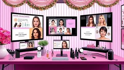 An artistic rendering of a virtual beauty event setup with multiple screens displaying makeup tutorials, skincare demonstrations, and product showcases, surrounded by festive decor and beauty props, illustrating the vibrant and interactive atmosphere of Glam Gatherings Co.'s online beauty events.