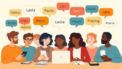 An artistic representation of a diverse group of users engaging in a virtual language exchange session, with speech bubbles in various languages, cultural symbols, and digital devices connecting them, conveying the essence of global language learning and community building.