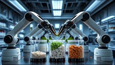 A futuristic laboratory setting with robotic arms mixing personalized supplement blends in sleek, transparent containers, conveying a hi-tech and personalized approach to nutritional supplement manufacturing.