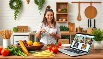 An engaging virtual nutrition workshop scene with a nutritionist conducting an online cooking demo, surrounded by fresh ingredients, cooking utensils, and a laptop displaying healthy recipes, conveying the essence of virtual nutrition and wellness consultancy.