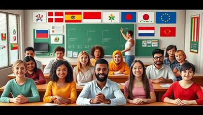 A vibrant virtual classroom setting with diverse avatars representing different languages, engaging in interactive language learning activities, creating a dynamic and inclusive learning environment.