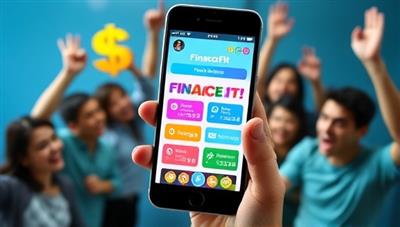 A smartphone screen displaying the FinanceFit app interface with colorful gamified financial challenges, progress bars, and achievement badges, surrounded by enthusiastic users competing and learning about personal finance, conveying a sense of fun and achievement in financial fitness.