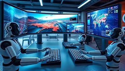 A futuristic digital workspace with AI-powered robots typing on keyboards and creating visually stunning content on multiple screens simultaneously, illustrating efficiency and innovation in content creation.