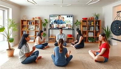 A virtual wellness center setting with college students engaging in wellness coaching sessions, fitness activities, and mindfulness practices, surrounded by healthy food options, workout equipment, and positive affirmations, fostering a culture of well-being and balance in the college community.