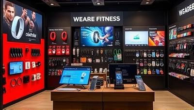 A vibrant retail store display featuring a variety of wearable fitness technology products, with interactive screens showing product features and benefits, creating an engaging and tech-forward shopping experience for customers.