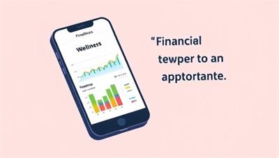 An illustrative image of a smartphone displaying the FinWellness app interface, with colorful graphs showing financial health metrics and a motivational quote about financial well-being, creating a sense of empowerment and control over personal finances.