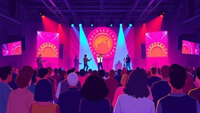 An immersive digital illustration depicting a virtual concert stage with a diverse crowd of avatars enjoying a vibrant music performance, complete with interactive features like chat bubbles and virtual applause, capturing the essence of a shared live music experience online.