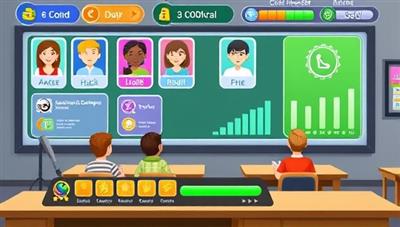An interactive game interface featuring colorful avatars, educational challenges, and progress bars, designed to simulate a virtual classroom environment and motivate learners to complete tasks and unlock achievements, fostering a sense of accomplishment and engagement.