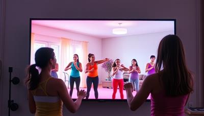 A vibrant digital screen displaying a diverse group of people exercising at home with a virtual fitness coach guiding the workout, conveying energy, and motivation.