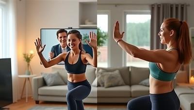 A split-screen image showing a virtual fitness coach guiding a user through a workout routine via video call on one side, and the user happily exercising in their living room on the other side, conveying convenience and motivation.