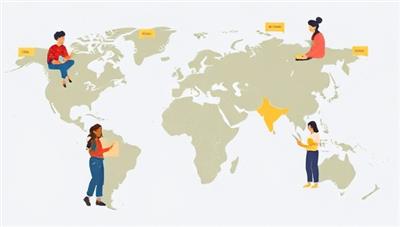 An engaging digital illustration featuring diverse avatars engaging in language exchange sessions and cultural activities within a virtual world map, symbolizing global connectivity and language learning experiences on LingoLink Exchange.