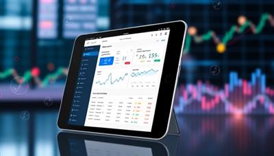A modern visual featuring a tablet screen displaying the PortfoTrack App interface, showcasing colorful graphs, investment performance charts, and personalized portfolio recommendations, with a backdrop of financial symbols and market trends, conveying a sense of data-driven insights and investment management efficiency.