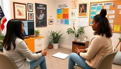 A virtual career coaching office setup with a professional coach guiding a client through a mock interview, surrounded by career development resources, inspirational posters, and a vision board, creating a motivational and supportive environment for career exploration and growth in a digital space.