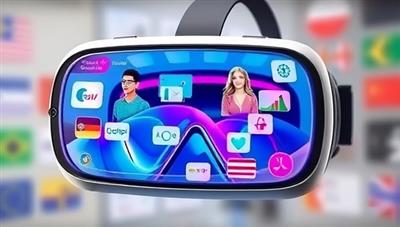 A virtual reality headset displaying a vibrant language learning environment with virtual tutors and interactive language exercises, showcasing the futuristic and engaging approach to language learning.