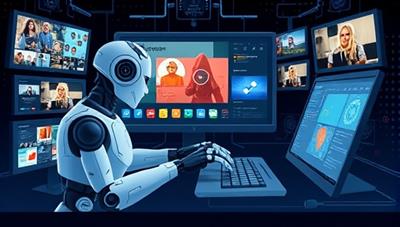 An illustration of a futuristic AI robot typing on a computer keyboard, surrounded by digital screens displaying various types of content, symbolizing advanced technology in content creation.