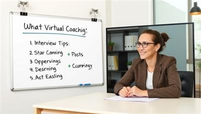An image of a virtual coaching session with a professional coach and a client interacting via video call, with a virtual whiteboard displaying interview tips and strategies, creating a dynamic and supportive learning environment.