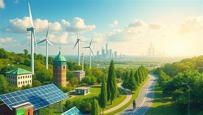 An imaginative and vibrant digital landscape featuring a lush green cityscape with solar panels, wind turbines, and bicycle lanes, symbolizing a sustainable future powered by EcoInsure Rewards and the collective efforts of environmentally conscious individuals and businesses.
