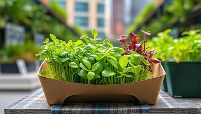 An artistic composition featuring vibrant microgreens arranged in a modern, eco-friendly packaging design against a backdrop of urban greenery, emphasizing freshness and sustainability in a compact urban setting.