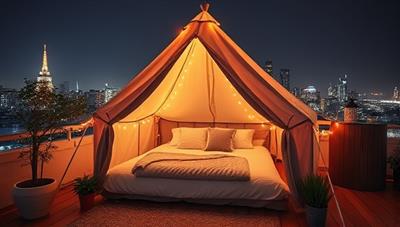 A luxurious glamping tent set up on a rooftop overlooking a city skyline, with fairy lights, comfortable bedding, and potted plants creating a cozy and magical ambiance.