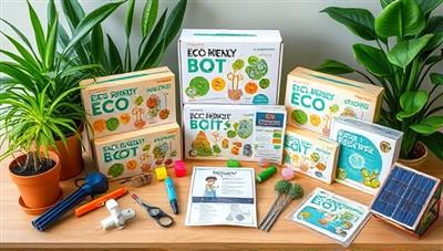 An assortment of colorful eco-friendly DIY science kits displayed on a wooden table, surrounded by green plants and solar-powered gadgets, emphasizing sustainability and hands-on learning.