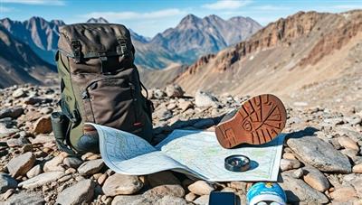 An exciting outdoor scene with a backpack, hiking boots, a compass, and a map laid out on a rocky terrain with a stunning mountain backdrop, evoking a sense of adventure and exploration.