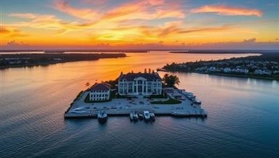 Aerial photograph of a luxurious waterfront property at sunset, captured by a drone, showcasing the property's stunning location, architecture, and surrounding landscape in a visually striking and captivating composition, representing the quality and impact of SkyView Estates' drone photography services.