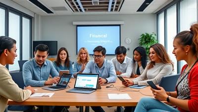 A vibrant and modern virtual classroom setting with diverse individuals engaged in interactive financial learning activities on their devices, symbolizing empowerment and knowledge-sharing.