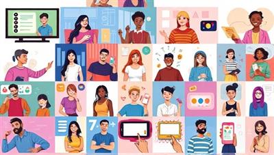 An array of diverse online creators showcasing their digital content, including videos, podcasts, illustrations, and social media posts, highlighting the creative talent and variety represented by eTalentHub.